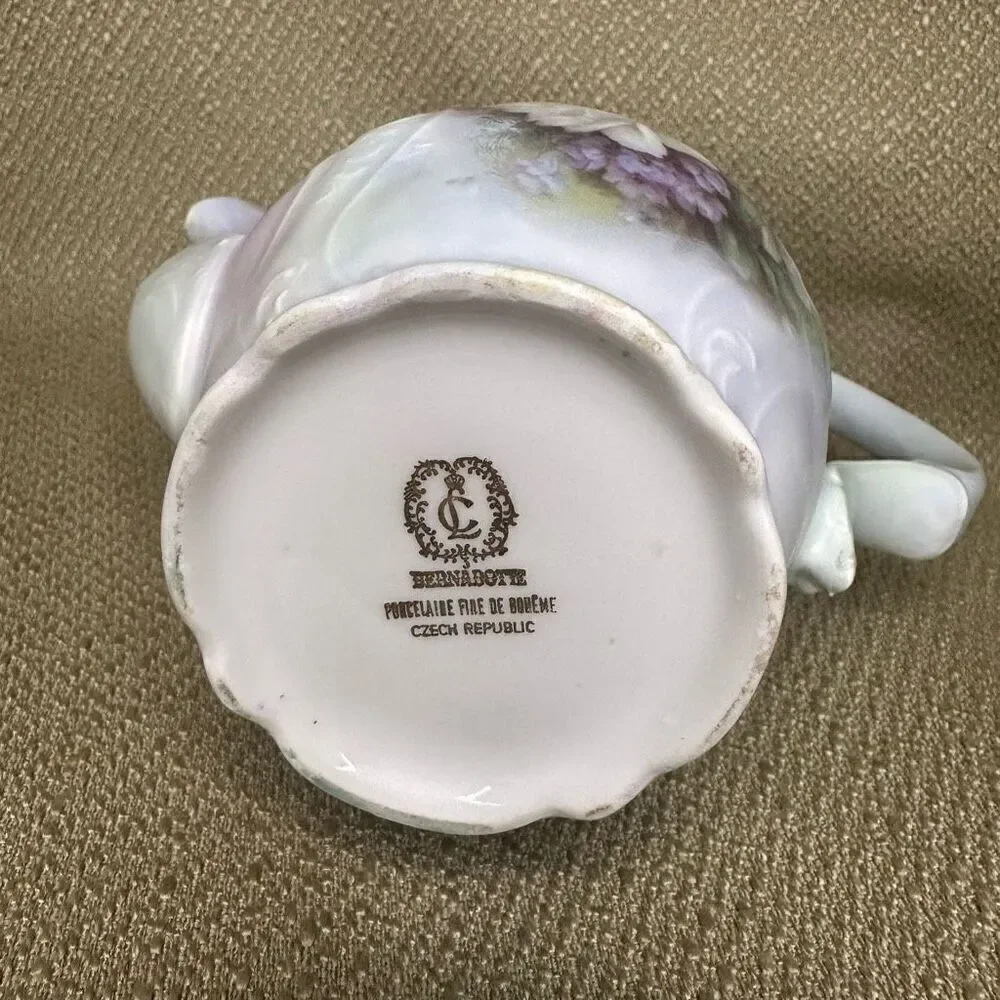 Vintage Bernadotte Porcelain Coffee Tea Pot Czech Republic Purple Roses 7.5”